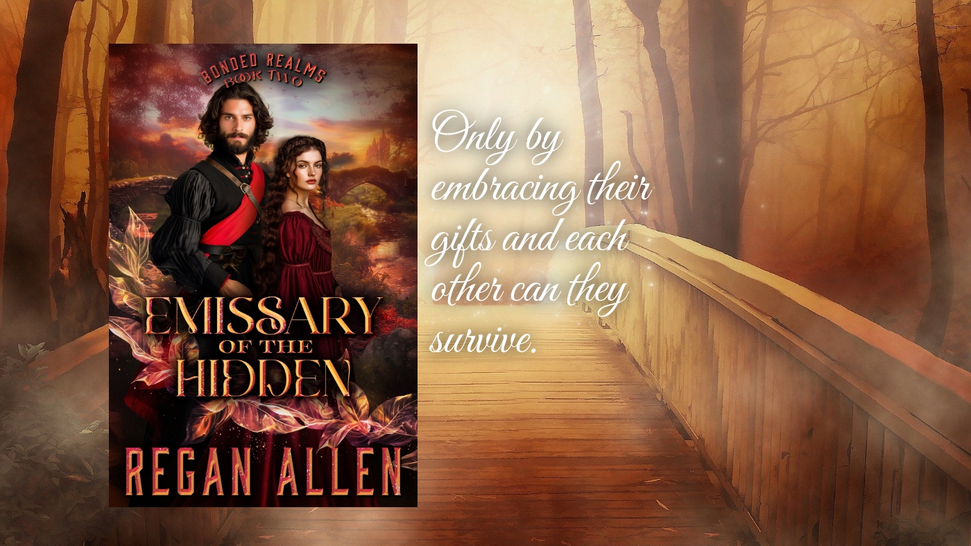 Cover for Emissary of the Hidden, a closed-door fantasy romance by Regan Allen, showing a dark-haired man with a crimson sash across his chest sitting next to a woman in a medieval gown