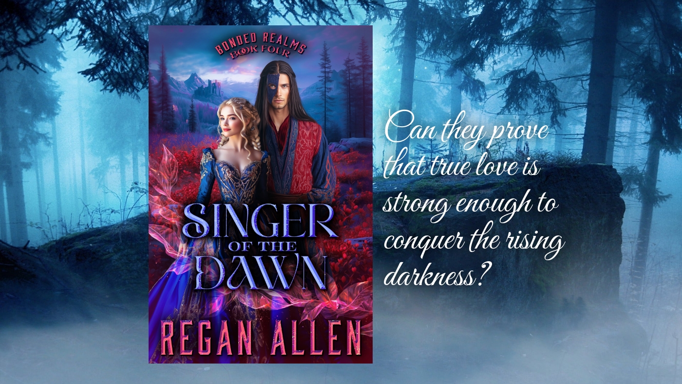 Cover for Singer of the Dawn, a closed-door fantasy romance by Regan Allen, showing a woman in a gorgeous medieval gown standing next to a man with a mask covering half of his face